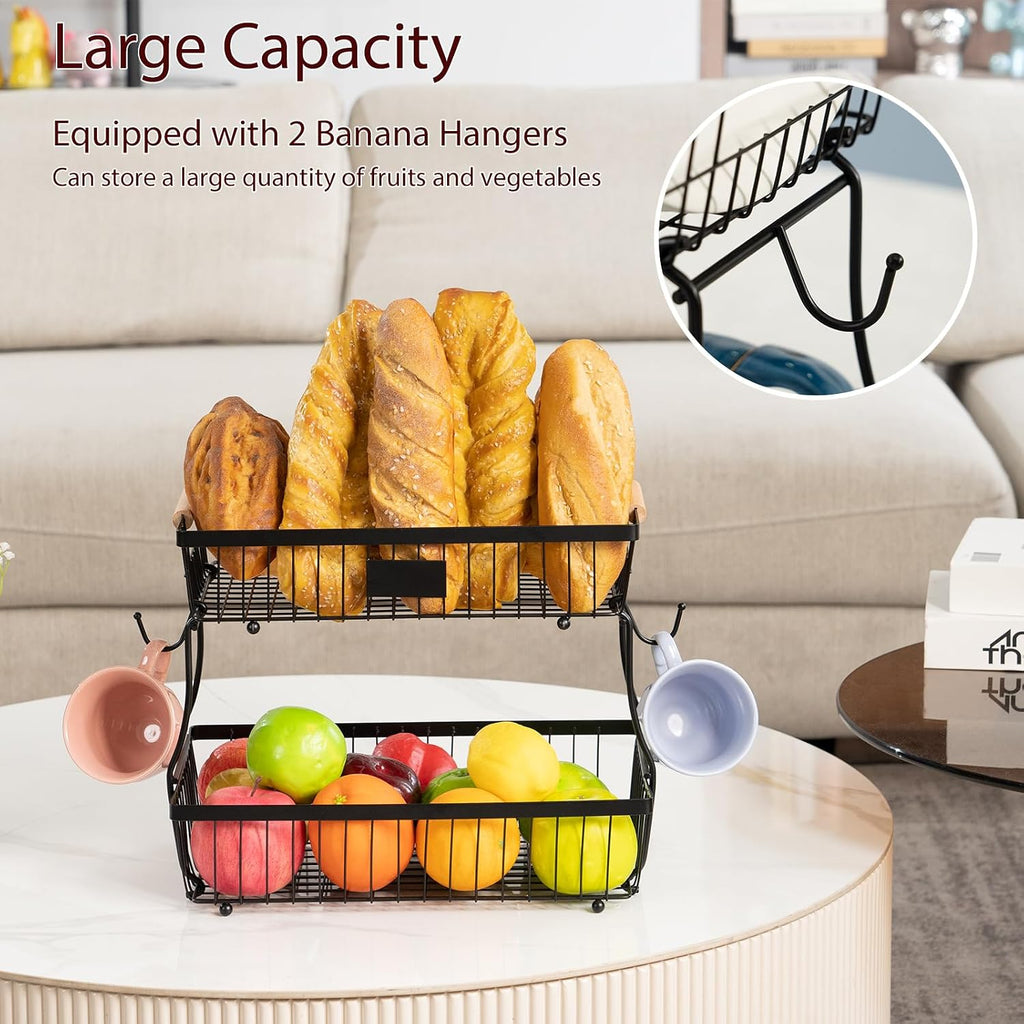 2 Tier Fruit Basket with 2 Banana Hangers, Fruit Bowl for kitchen counter with Wooden Handle, Detachable Large Capacity Fruit Holder Stand for Vegetable Bread Snack Produce Storage