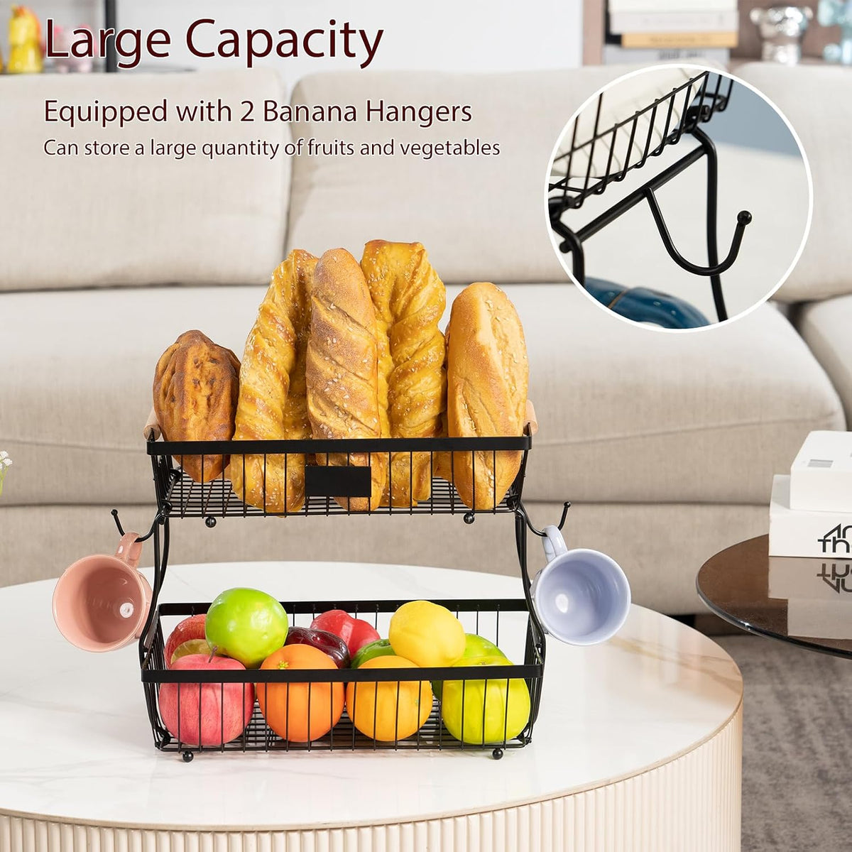 2 Tier Fruit Basket with 2 Banana Hangers, Fruit Bowl for kitchen counter with Wooden Handle, Detachable Large Capacity Fruit Holder Stand for Vegetable Bread Snack Produce Storage
