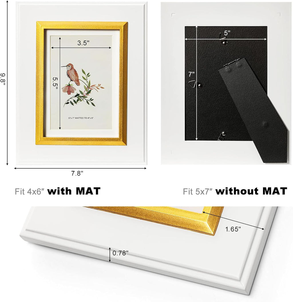 5x7 White Wood Picture Frame with Real Glass, Gold Inner Border, Matted to 4x6, Vertical and Horizontal for Tabletop or Wall Hanging