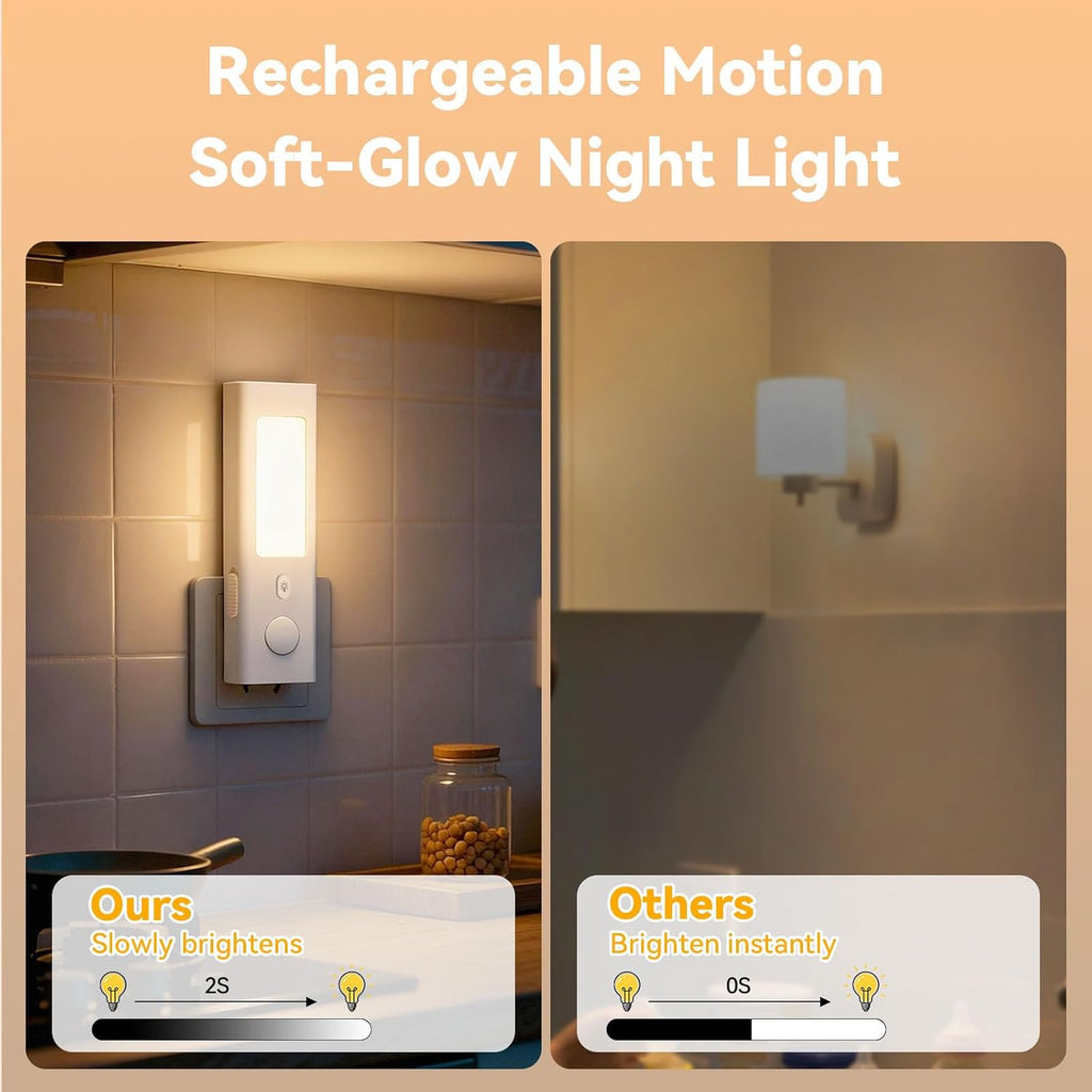 Motion-Sensor Night Light - Rechargeable Plug-in LED with Portable Handheld Mode, Dusk-to-Dawn Sensor, 3000K Soft Glow for Hallway Bedroom, Modern Farmhouse Decor