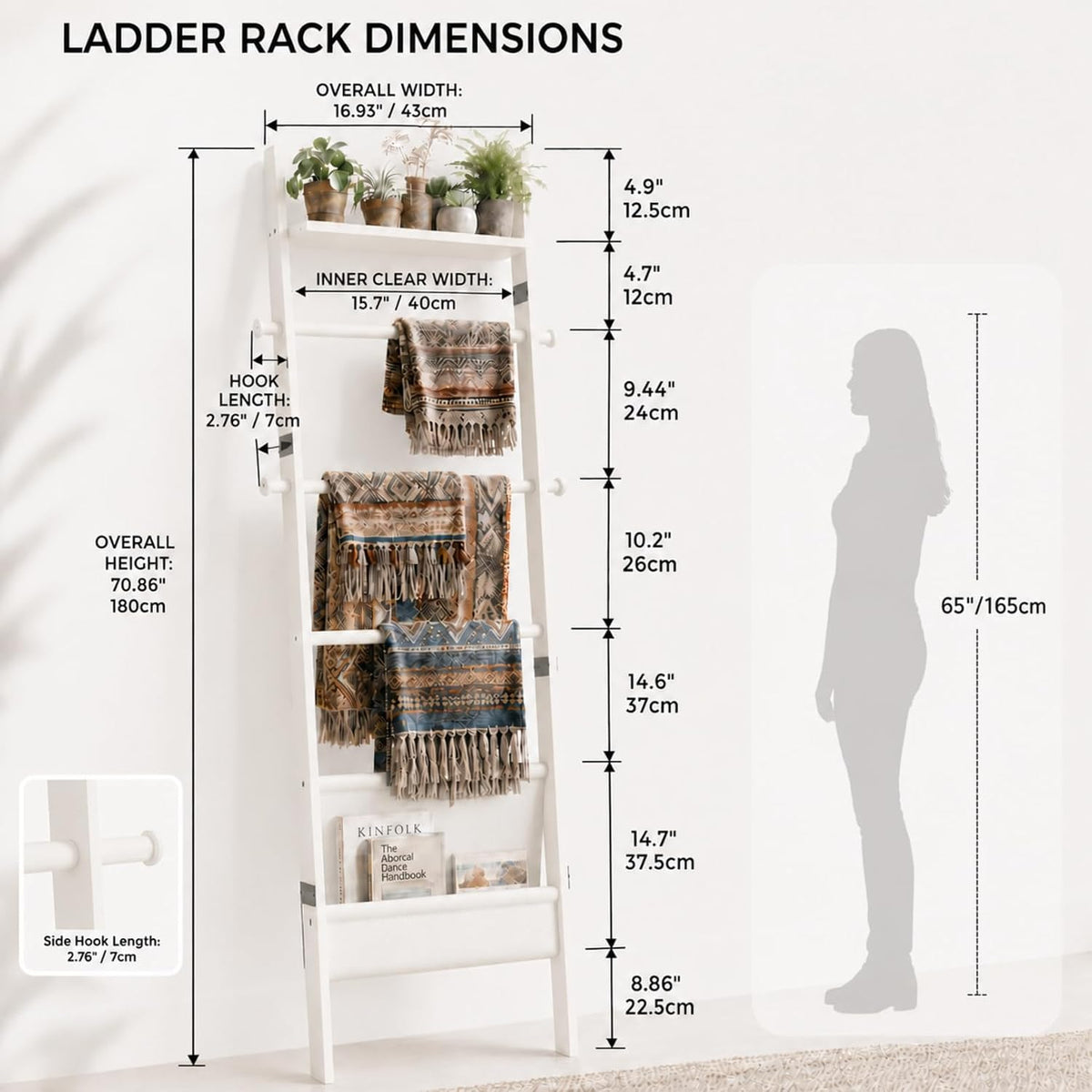 BAMBANG 71" 4-in-1 Blanket Ladder for Living Room, 5-Tier Leaning Bamboo Decorative Towel & Quilt Rack with Magazine Leather Pocket, 4 Detachable Hanging Bars, Space-Saving Shelf for Bedroom (White)