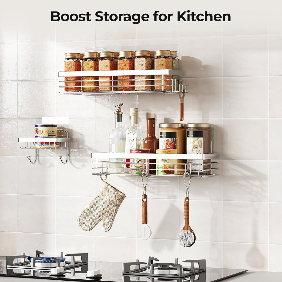 Orimade Adhesive Shower Caddy Soap Dish Holder Shelf with 5 Hooks Bathroom Organizer Basket Kitchen Storage Rack Wall Mounted No Drilling Stainless Steel - 3 Pack,Silver