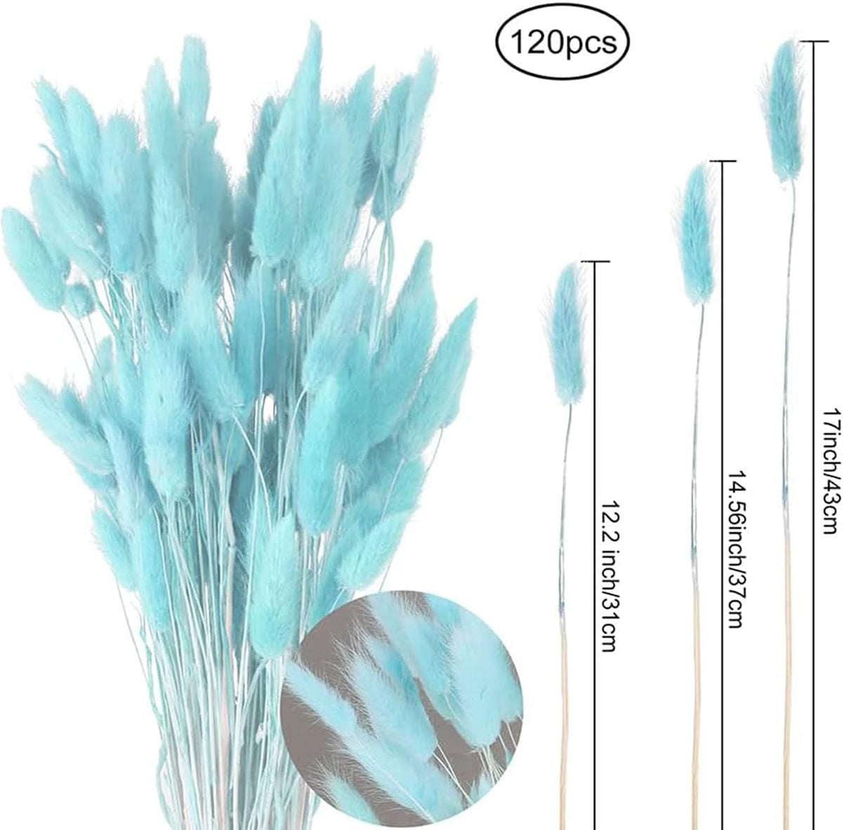 Blue Bunny Tails Dried Grass 120Pcs 17" for Boho Wedding Vase Decor