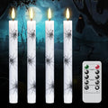GenSwin Real Wax Flameless Taper Candles, 4 Pack Halloween LED Taper Candles Battery Operated with Remote Timer, Flameless Candlesticks with Spider Web Prints for Halloween Decoration (0.75” x 9.65”)