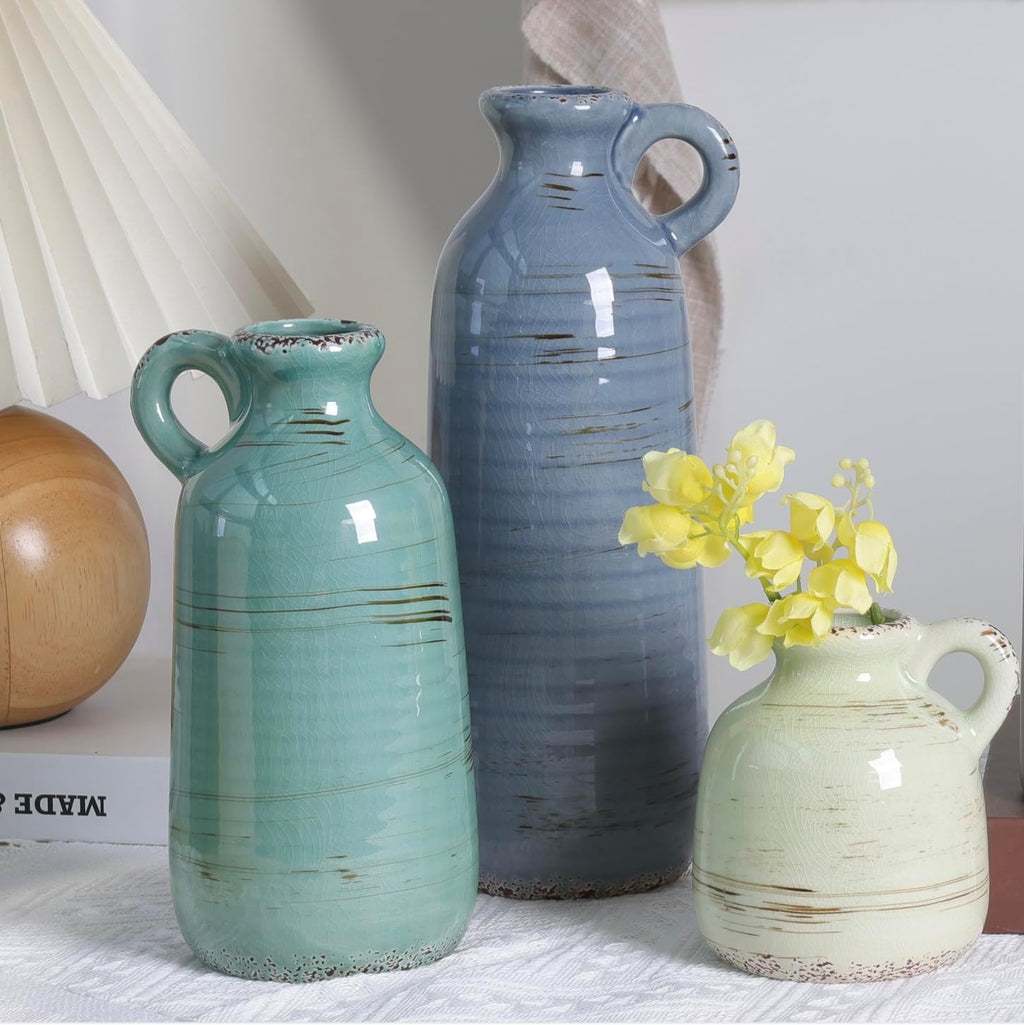Ceramic Vase Set of 3, Vase Home Decor with Handle, Waterproof Vases