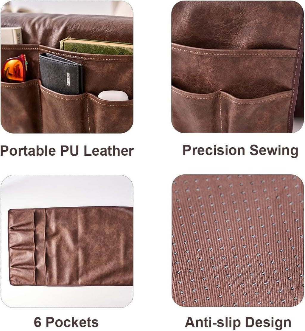 EURYNOME Personalized Sofa Armrest Genuine Leather Storage Bag,Custom Anti-Slip Sofa Organizer Pouch for Remote Control,Phone,ipad,Magazine,etc