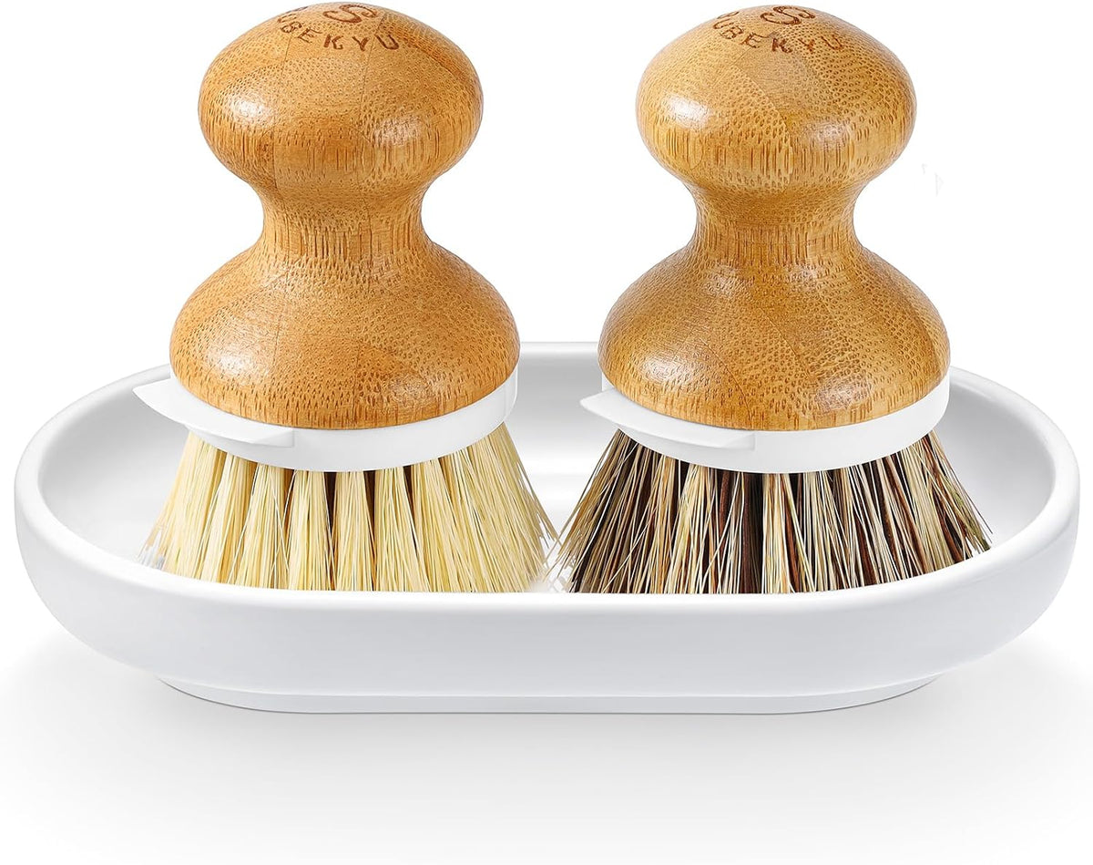 Bamboo Dish Brush,Sisal Brush with Scraper,2 Pack with Ceramic Holder