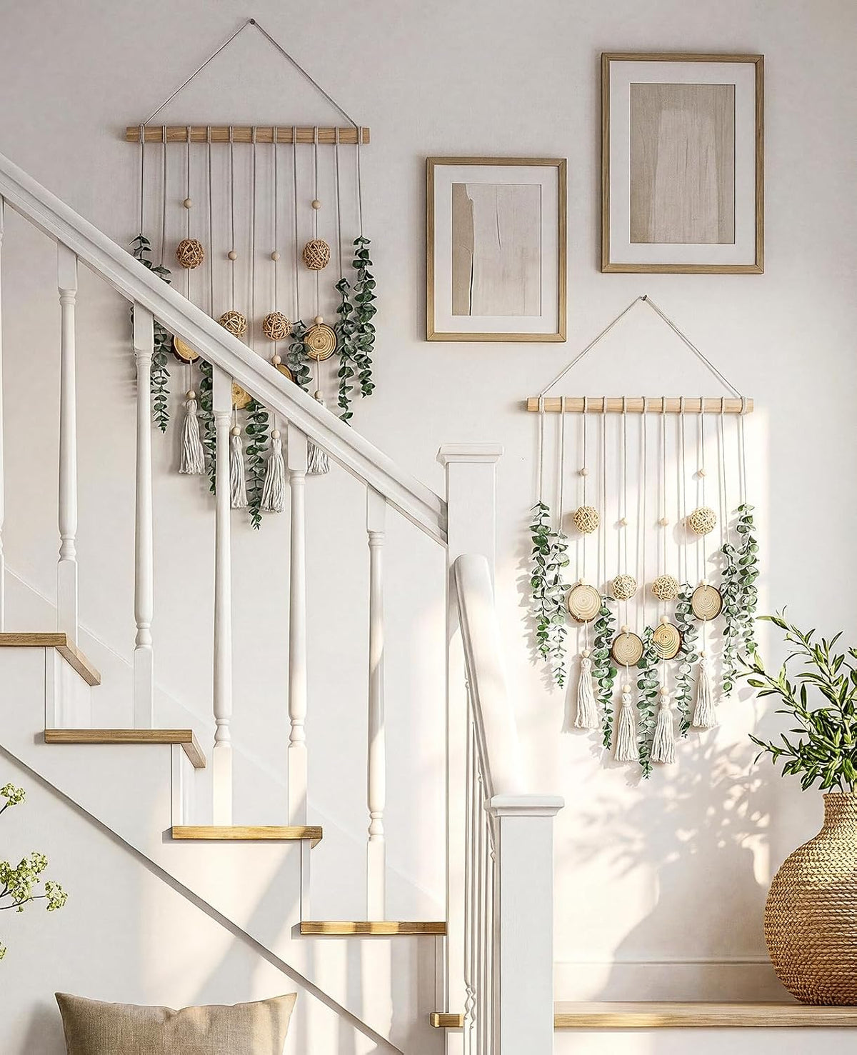 Fake Hanging Eucalyptus Wall Decor with Fake Greenery Leaves, Stems, and Wicker Ball, Artificial Eucalyptus Wall Hanging for Bathroom, Living Room, Bedroom Decor (24" L x 16" W)
