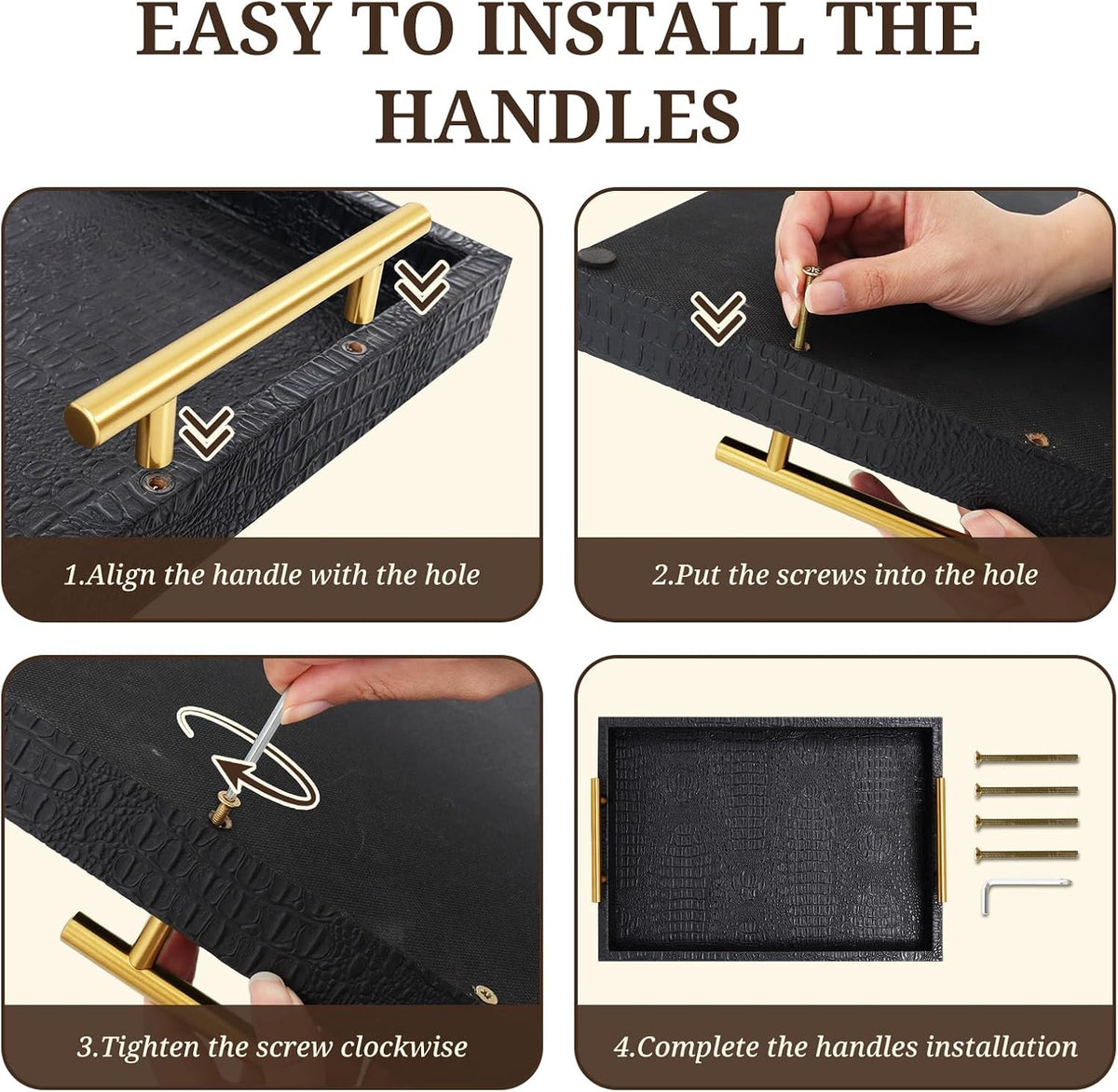 SXNOWS Faux Leather Serving Tray with Gold Handles, Black