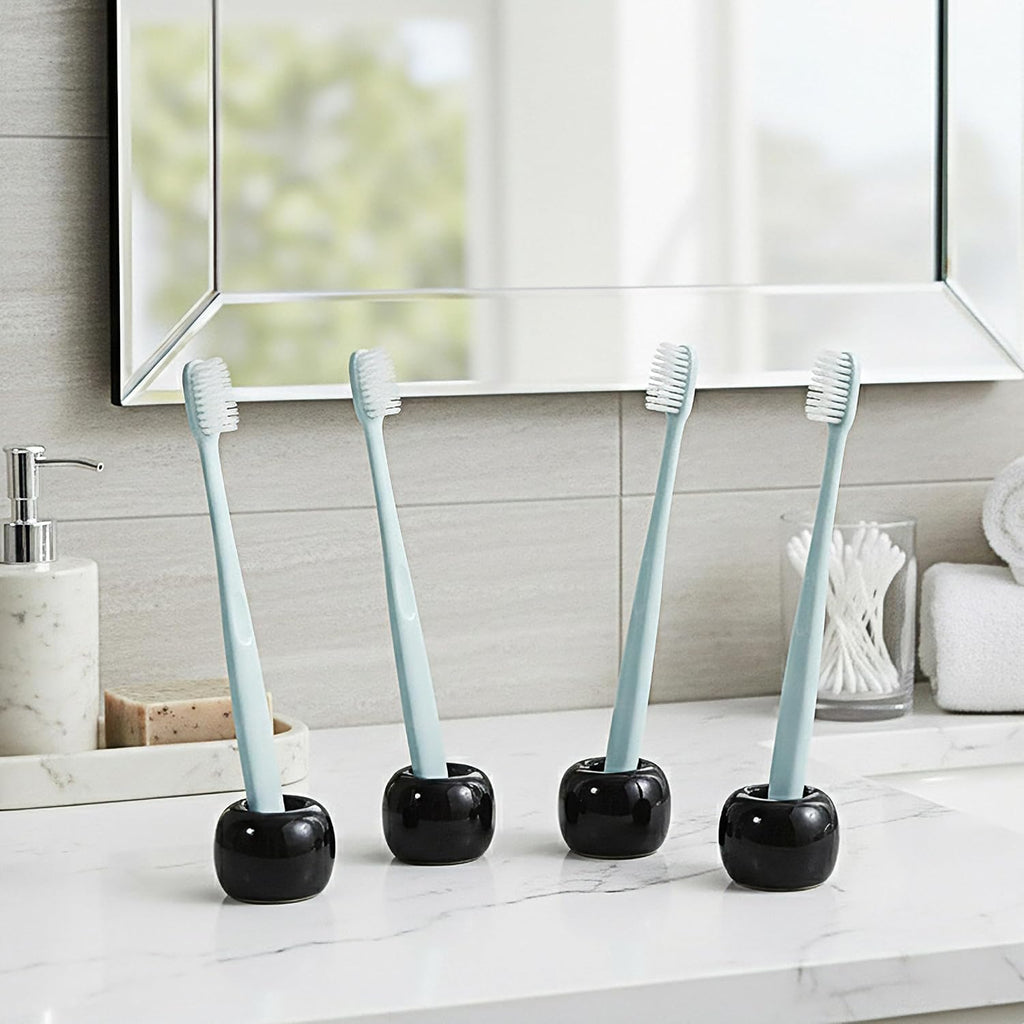 4 Pack Mini Ceramic Toothbrush Holders, Single Toothbrush Holder for Shower, Cute Toothbrush Stand for Bathroom, Medicine Cabinet, Dorm (Black)