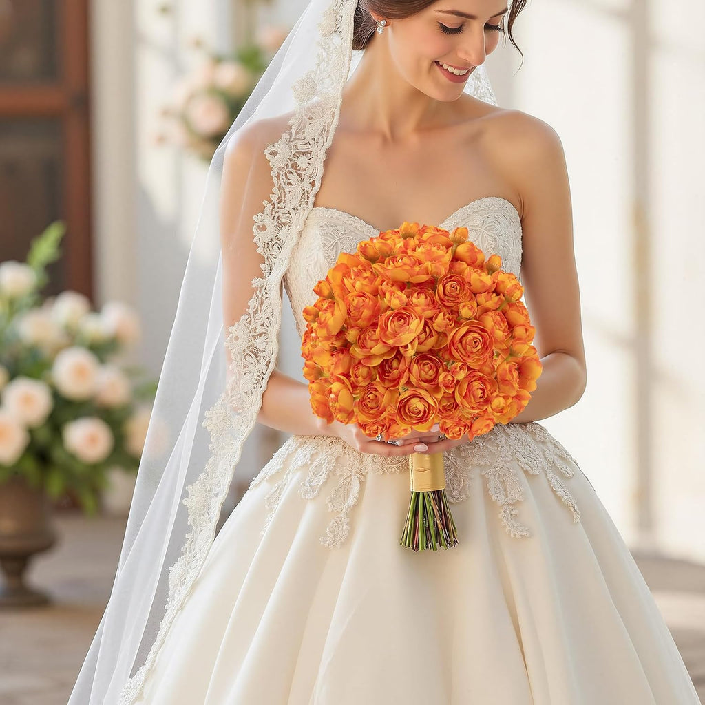 U'Artlines Mini Ranunculus Artificial Flowers Bouquet 20 PCS Citrus Orange