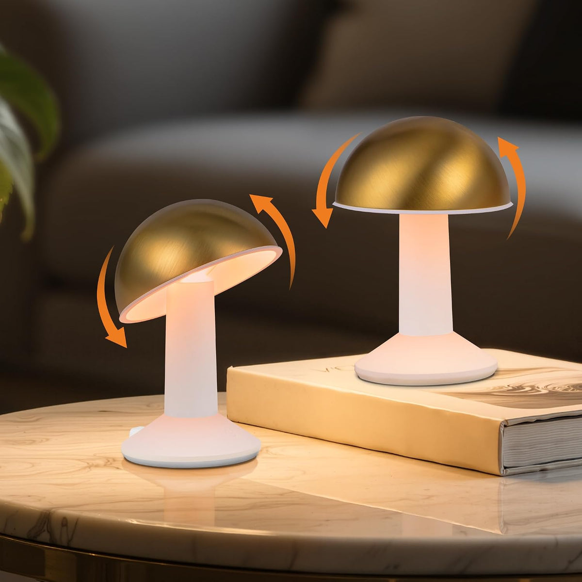 Tubicen 2 Pack Rotatable Mushroom Table Lamp Gold Cordless Bedside Lamp