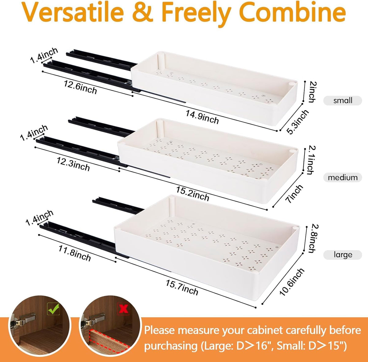 Creahaus 3 Pack Pull Out Drawers for Cabinets with Metal Slides, Easy to Install Cabinet Roll Out Shelves, Smooth Slide Out Drawers for Kitchen Cabinets with Nano Adhesive
