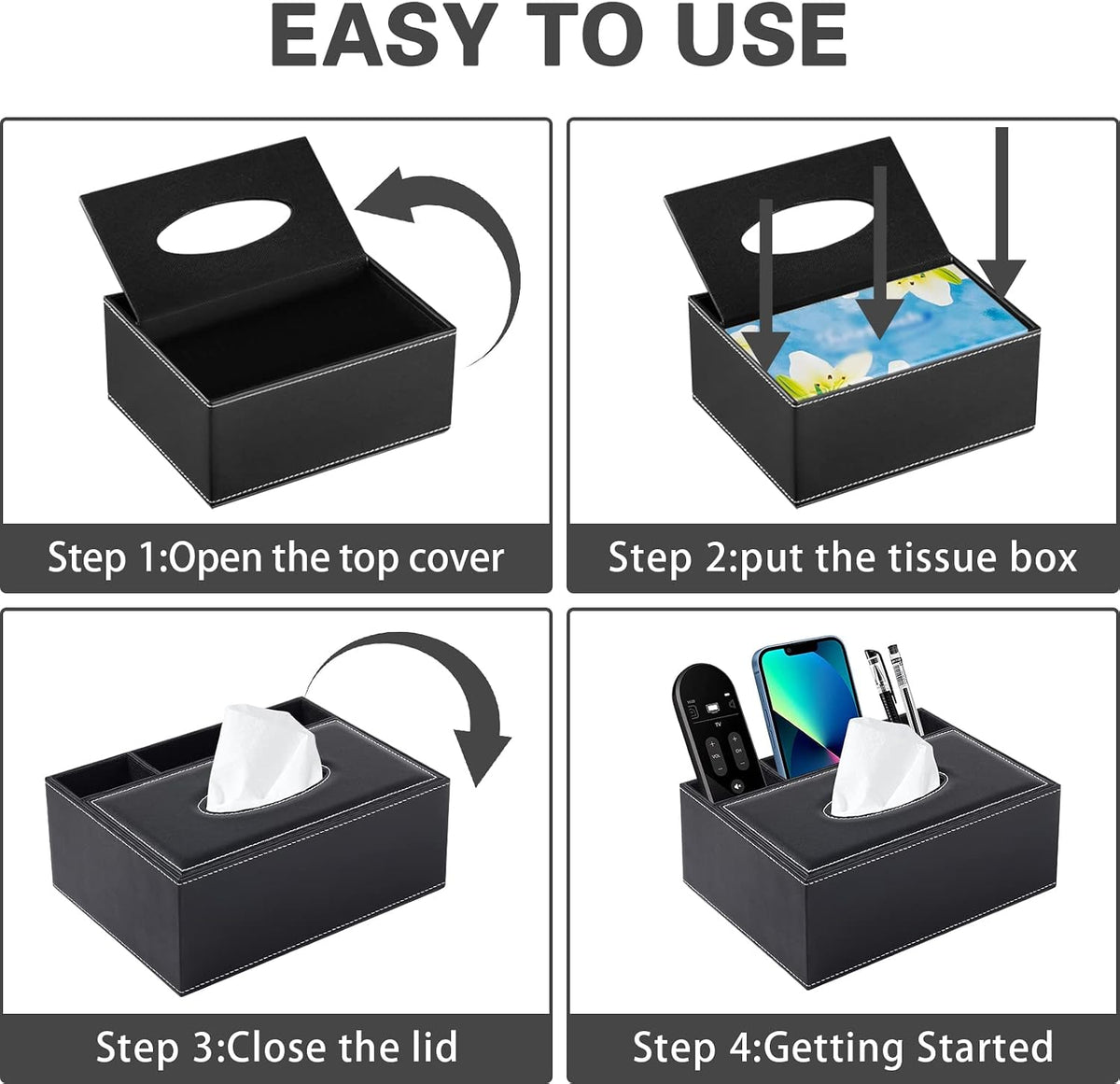 Multifunction PU Leather Tissue Box Cover Rectangular Upgrade Large Size Stationery Napkin Remote Control Holder Storage Box,Facial Tissue Dispenser Desk Organizer Caddy Home Office Supplies (Black)