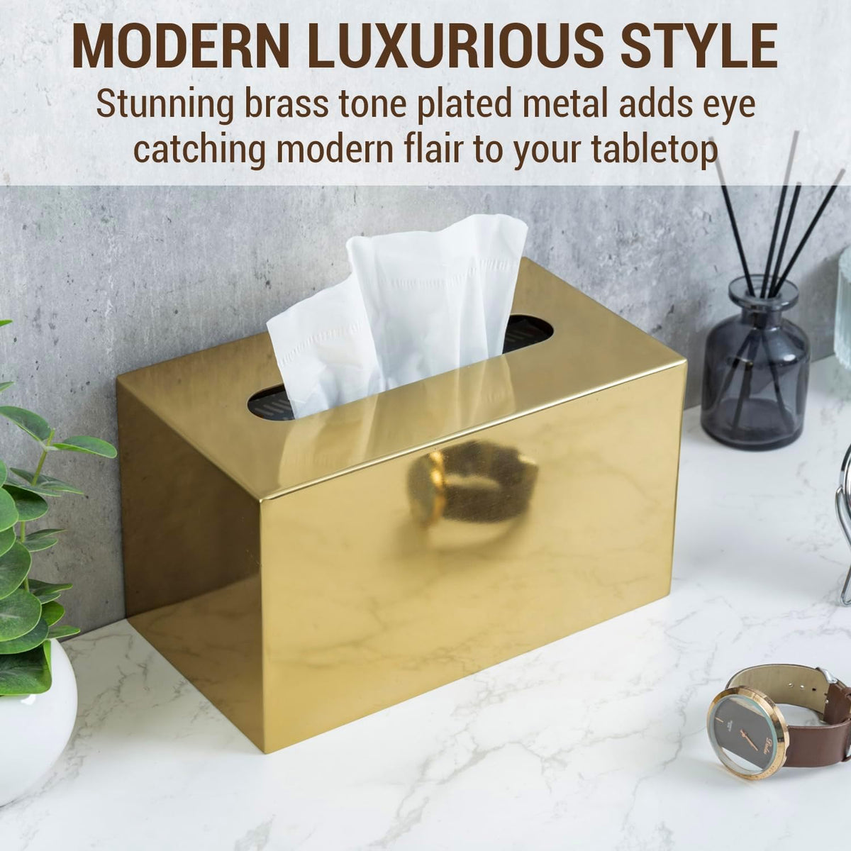 MyGift Brass-Tone Stainless Steel Rectangular Tissue Box Cover