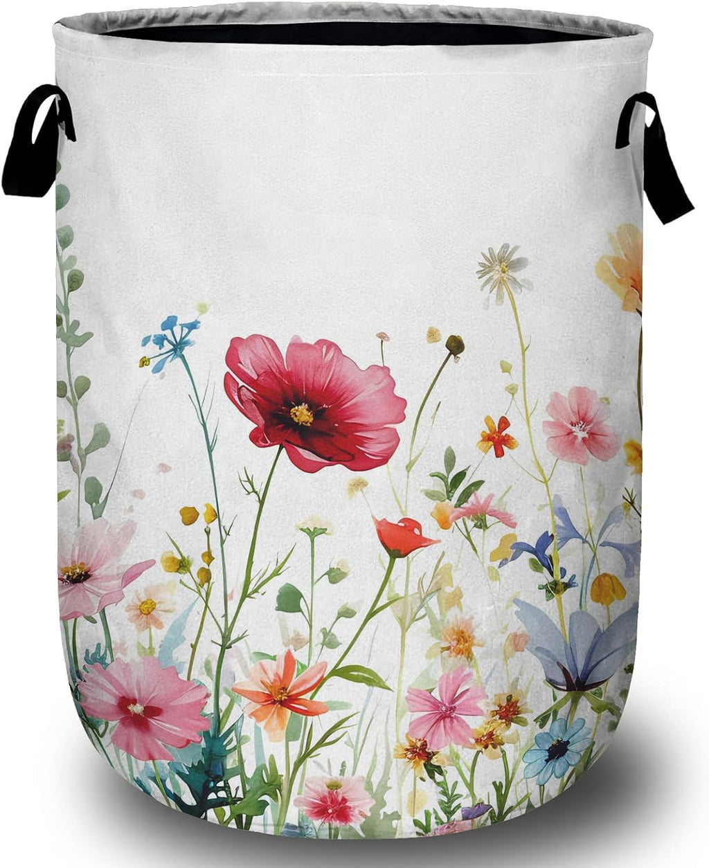 Watercolor Wildflowers Laundry Basket, Floral Laundry Hamper Collapsible Oxford Cloth with Handle Clothes Storage Bin for Bathroom Laundry Room Bedroom 15.7 X 20 Inch