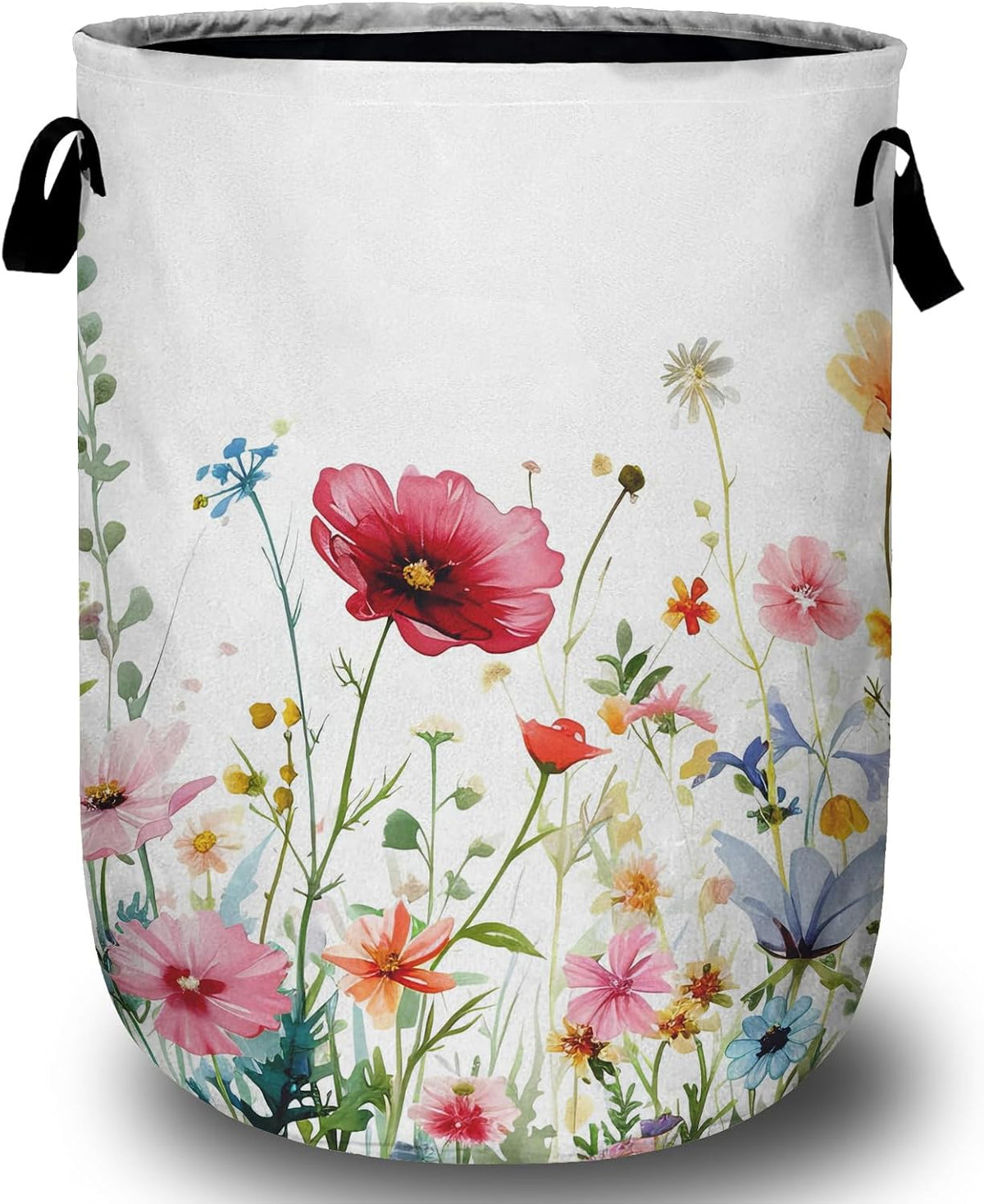 Watercolor Wildflowers Laundry Basket, Floral Laundry Hamper Collapsible Oxford Cloth with Handle Clothes Storage Bin for Bathroom Laundry Room Bedroom 15.7 X 20 Inch