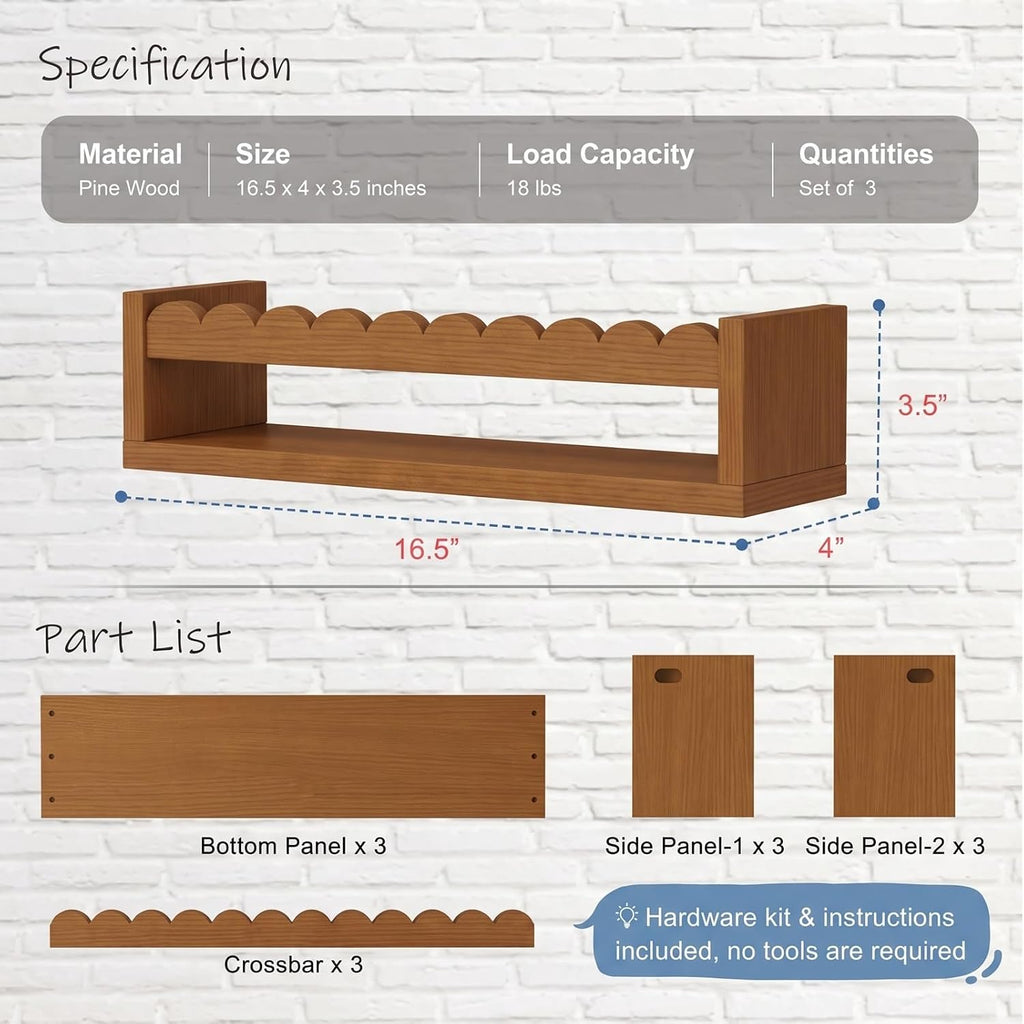 Scalloped Floating Shelves for Nursery, Walnut Scallop Kids Wall Book Shelf