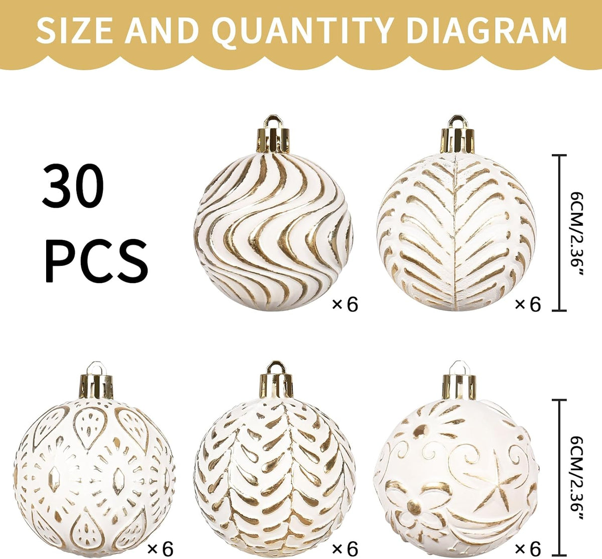 30PCS Gold/White Christmas Ball Ornaments Set for Xmas Tree Decorations