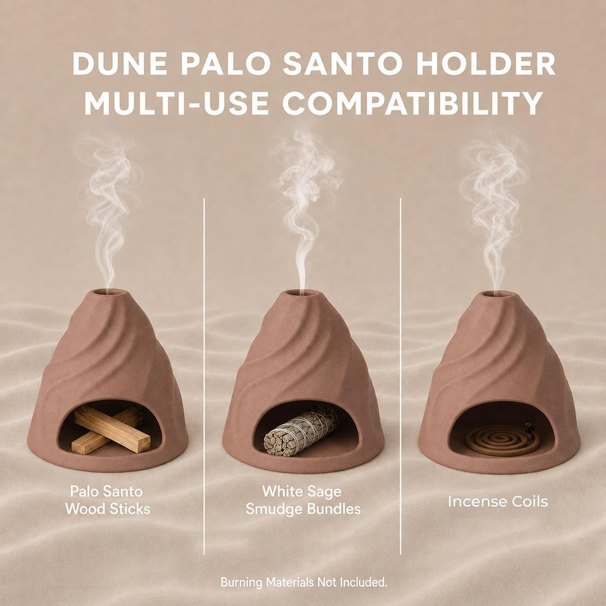 Palo Santo Holder, Ceramic Dune-Inspired Tactile Burner with Felt Pad and Fan Brush, Multi-Use Incense Holder for Palo Santo Sticks and Smudge Sage, Meditation and Home Decor - Terracotta