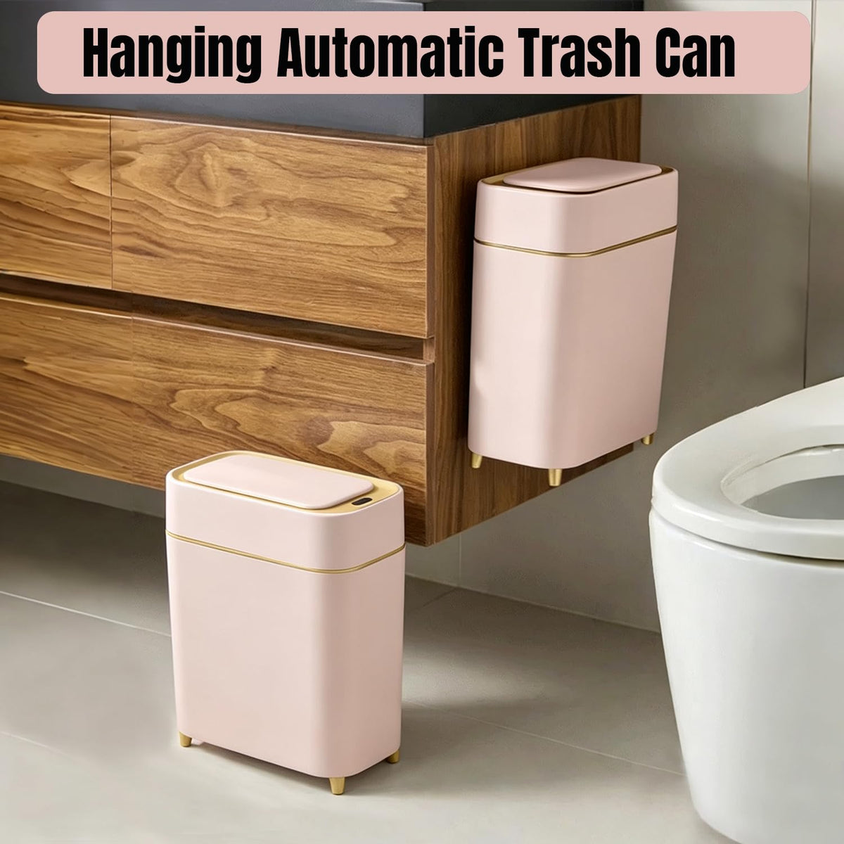 2-Pack Automatic Bathroom Trash Can with Lid, Slim Motion Sensor Garbage Can, Waterproof Touchless Trash Bin, Smart Trashcan for Bedroom, Living Room, Narrow Space, 2.3 Gallon, Pink+Gold Trim