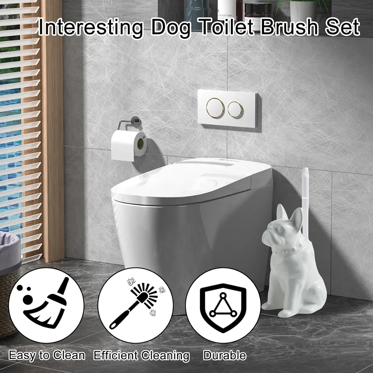 Comeon Ceramic Dog White Toilet Brush and Holder Set, Plastic Handle