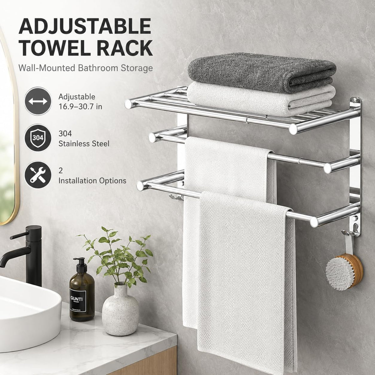 Adjustable Towel Rack for Bathroom Wall Mount 17-30.7inch