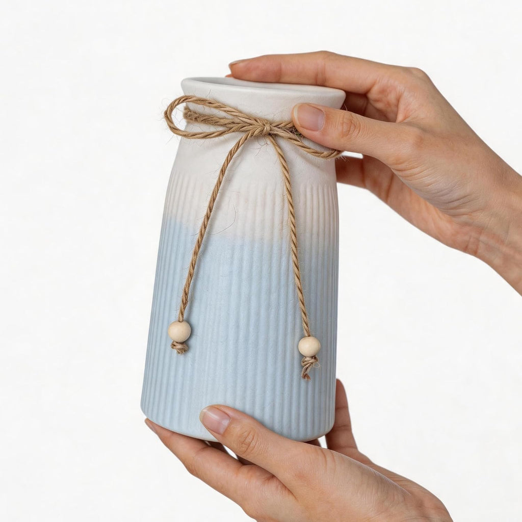 Small Ceramic Vase for Home Decor, 6" Farmhouse Ribbed Vase with Twine Bow, Blue Decorative Flower Vase for Pampas Grass, Rustic Boho Vase for Table, Shelf, Living Room, Office