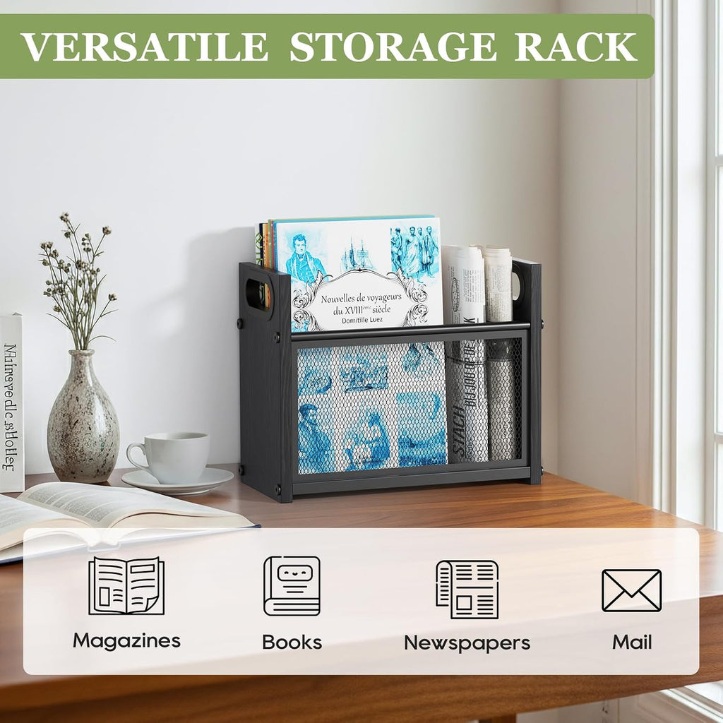Black Magazine Holder, Wood Magazine Rack Floor, Mesh Magazine File Holder, Magazine Storage Basket, Magazine Holders for Classroom, Magazine Stand for Desk, Folder Organizer Bin for Books