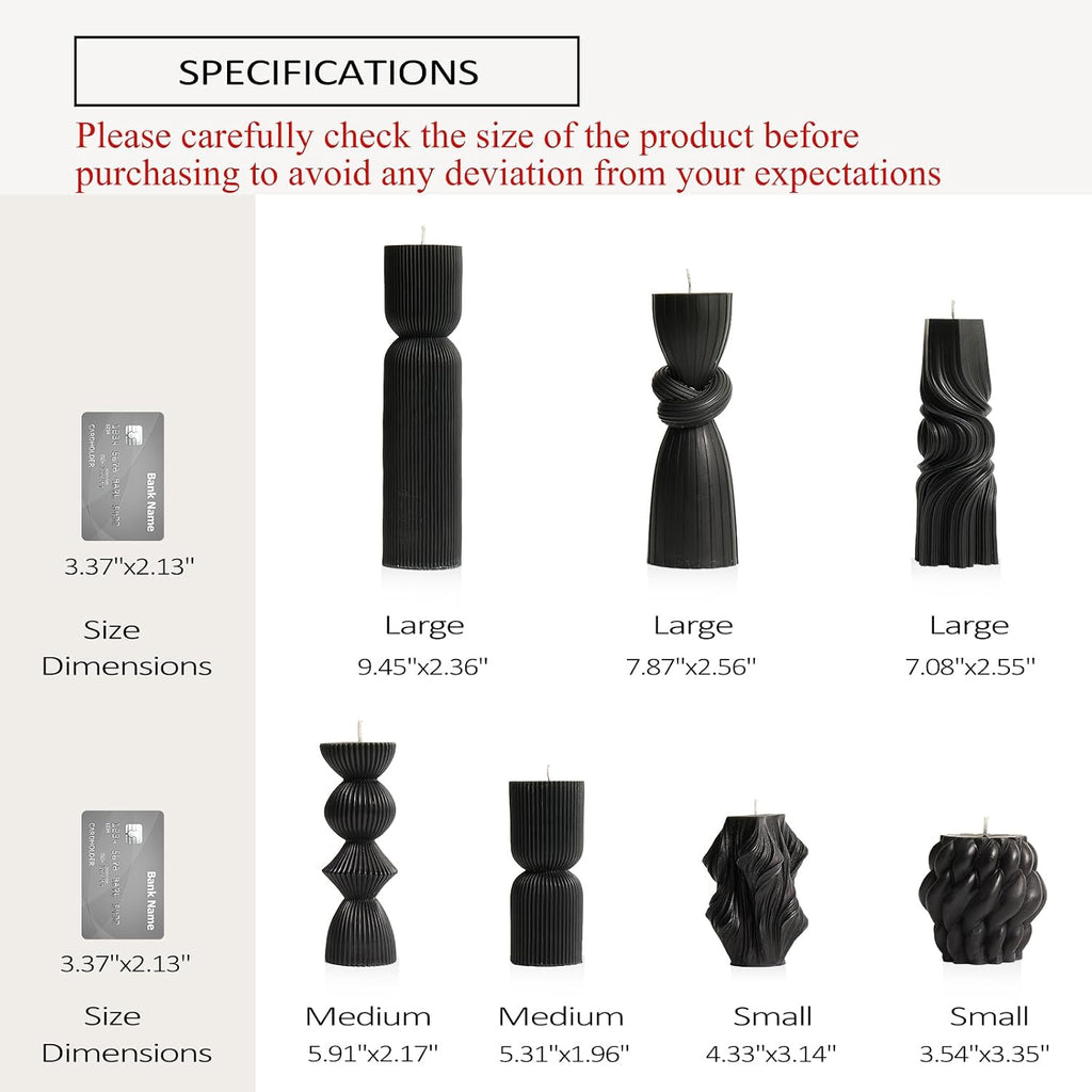 7-Pack Pillar Candles - Soy Wax Handmade Ribbed Candles for Home Decor, Housewarming Gift, Shelf & Table Decor - Aesthetic Modern Candles Set (Black)