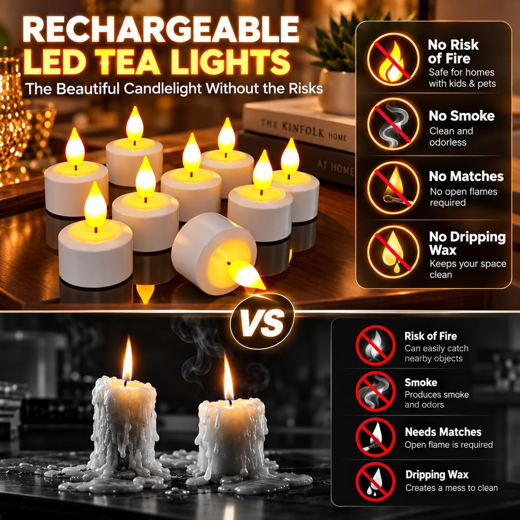 SoulBay Rechargeable Tea Lights with Remote, 12pcs Flameless Flickering LED Candles with Timer & USB Charging Cable, No Battery Needed, for Home Lantern Table Party Holiday Decorations