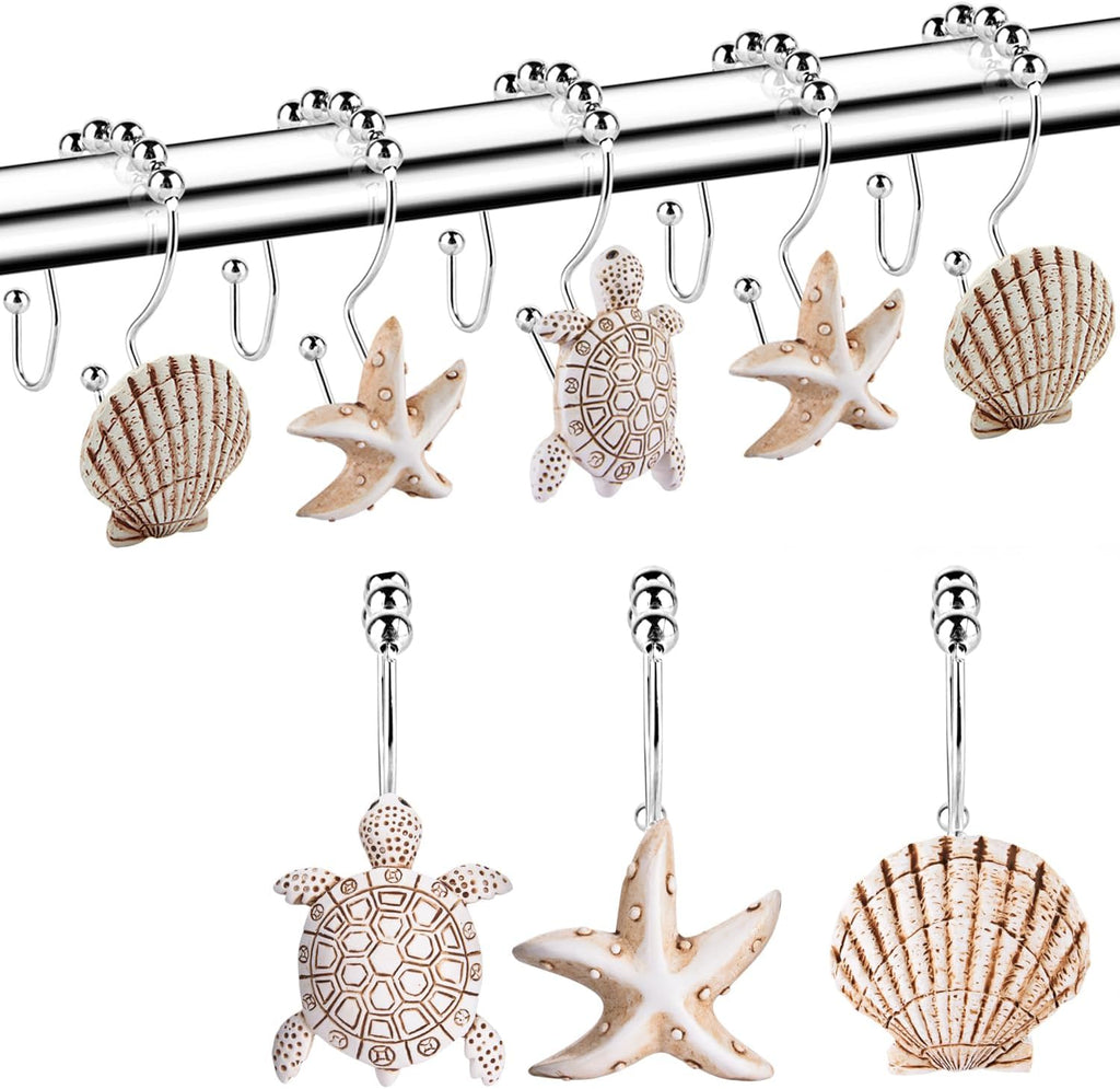 Double Shower Curtain Hooks,12Pcs Seashell Decorative Shower Curtain Rings
