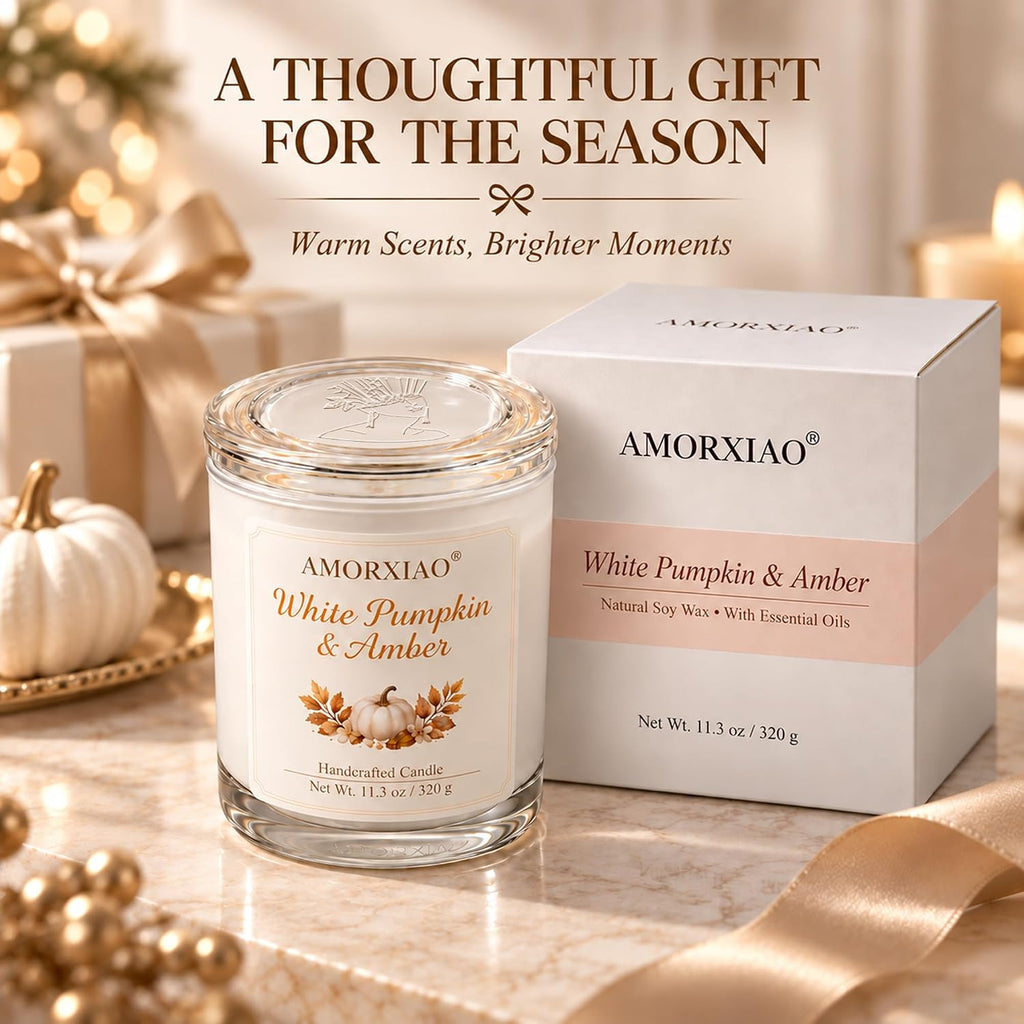 Pumpkin & Amber Scented Candle, 11.3 Oz Soy Wax Fall Candle Gift for Women