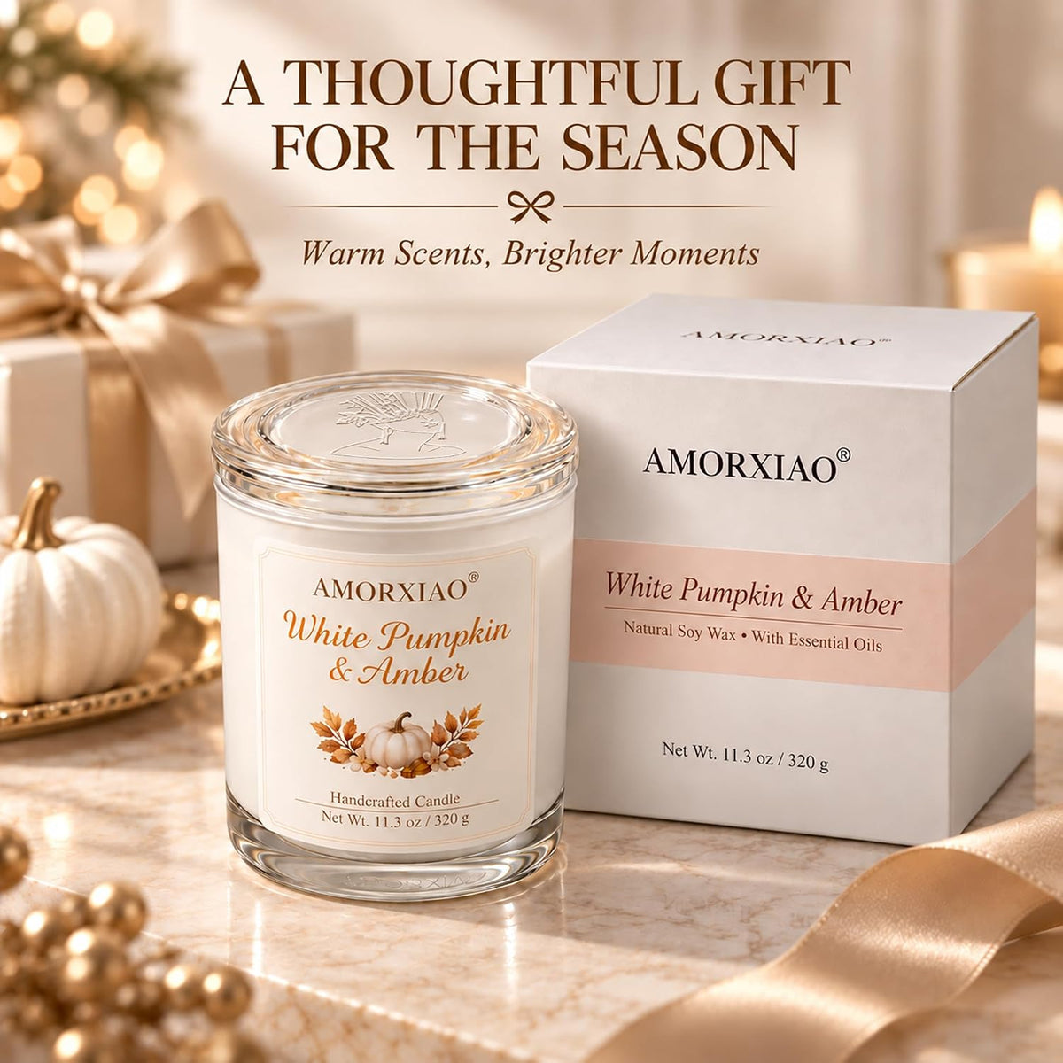 Pumpkin & Amber Scented Candle, 11.3 Oz Soy Wax Fall Candle Gift for Women