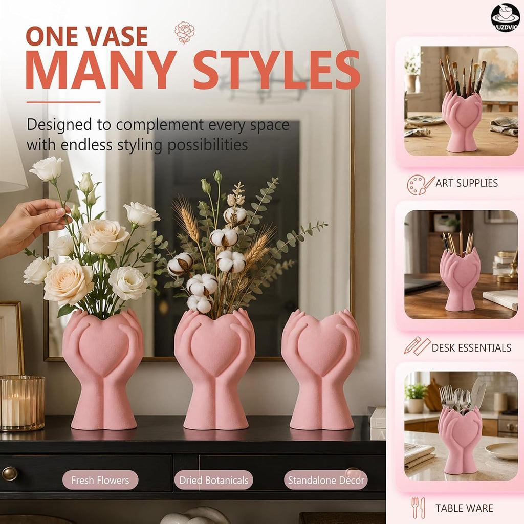 8 Inch Heart Hand White Ceramic Vase - Unique Modern Aesthetic Flowers Vase for Living Room Bedroom Office Kitchen Table Centerpiece or Shelf Decor - Gifts for Wedding Bridal Shower Women Mom (Pink)