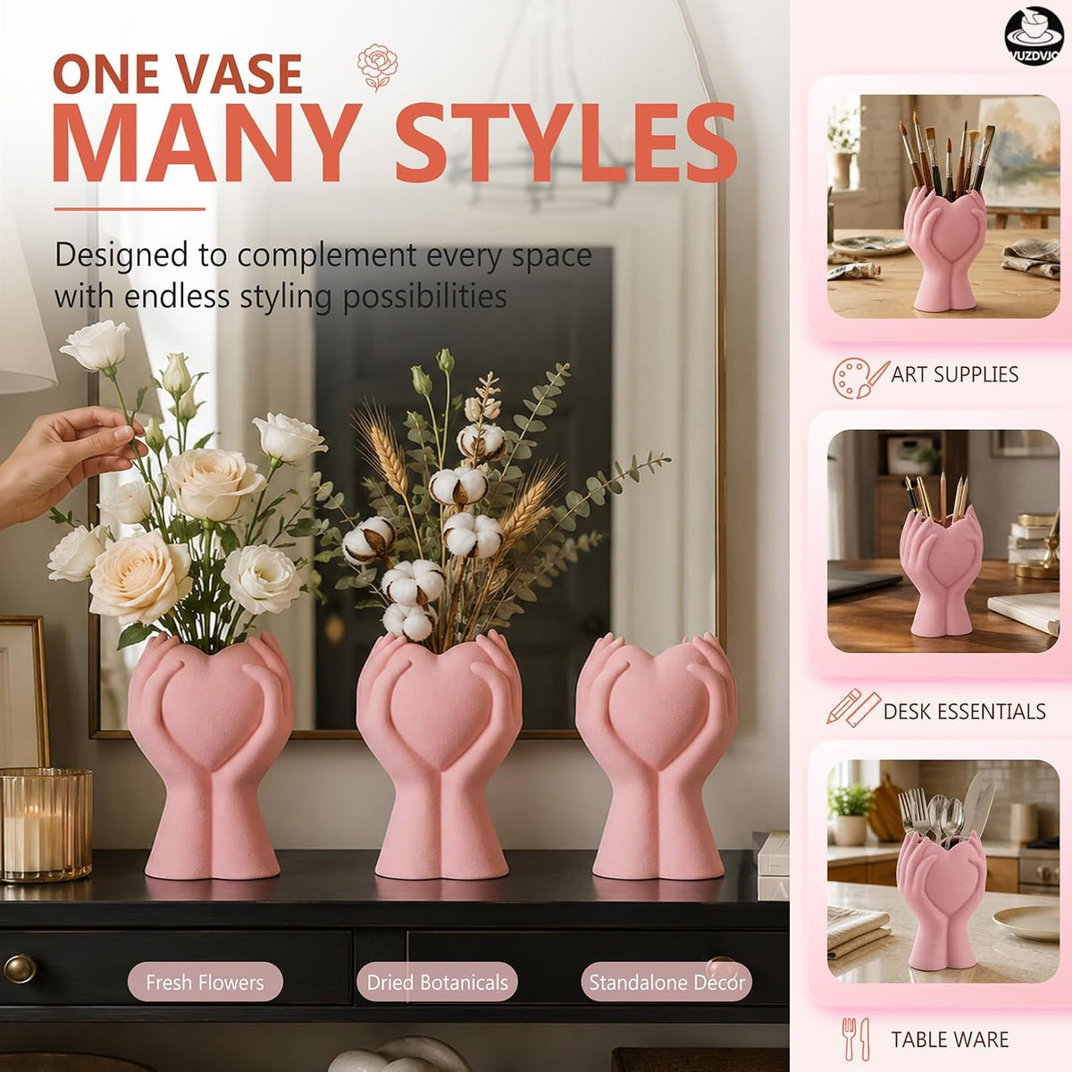 8 Inch Heart Hand White Ceramic Vase - Unique Modern Aesthetic Flowers Vase for Living Room Bedroom Office Kitchen Table Centerpiece or Shelf Decor - Gifts for Wedding Bridal Shower Women Mom (Pink)