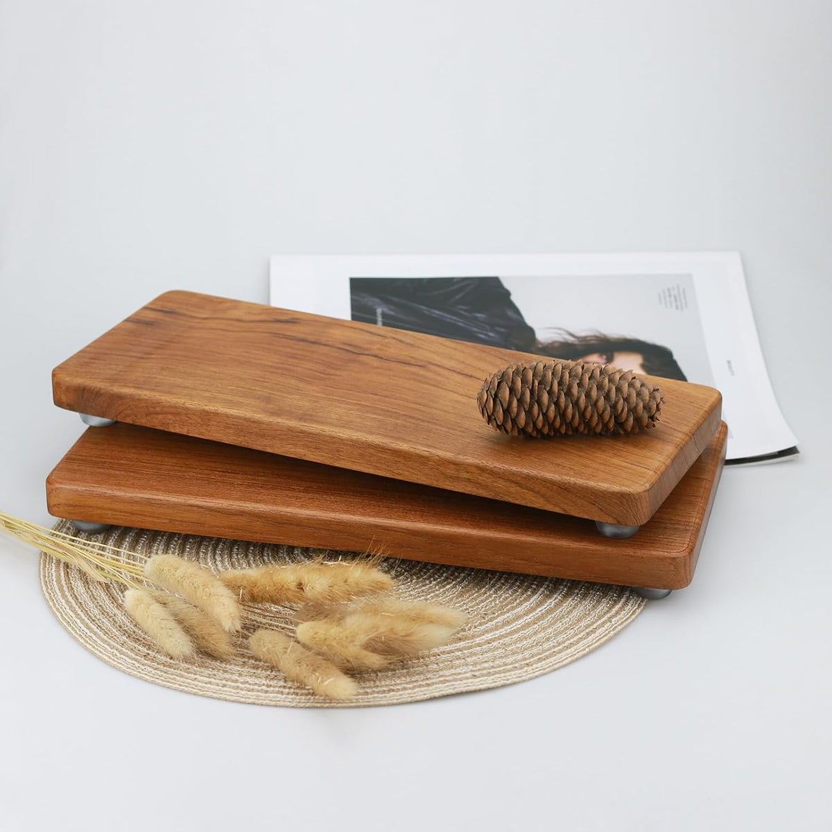 Solid Teak Wood Riser Tray, 12.6x6 inch Whole-Piece Teak Pedestal Stand, Vintage Rustic Bathroom Soap Dish Holder for Vanity Counter Sink, Candle Plant Essential Oil and Yacht Display, Brown L2