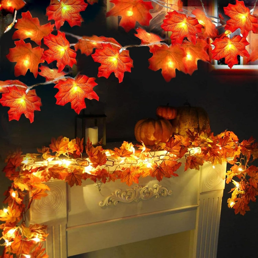 Thanksgiving Decor 2 Pack Fall Garland with Lights Enlarged Maple Leaves