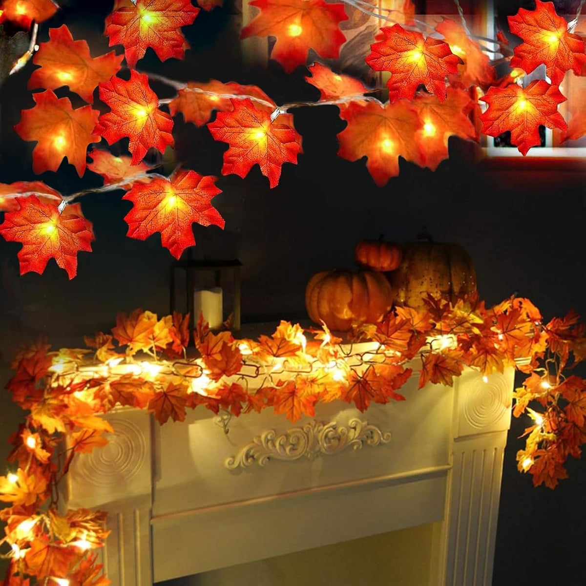 Thanksgiving Decor 2 Pack Fall Garland with Lights Enlarged Maple Leaves