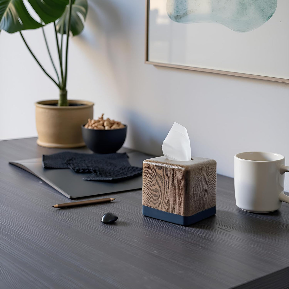Hymmah Wooden Texture Square Tissue Box Cover Cube Tissue Holder Unique Design Klenex Box Dispenser for Bathroom Vanity Counter Tops Also Great for Bedrooms and Living Rooms