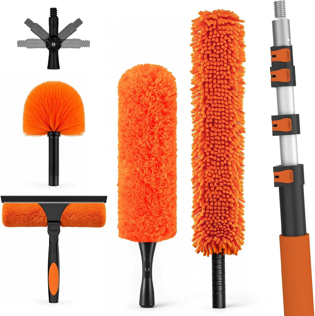 LAANPOLE 26FT High Reach Duster Cleaning Kit with Extension Pole, High Ceiling Fan Cleaner Duster Tool for Fan Blades, Window Washing Kit with Microfiber Feather Duster & Window Squeegee