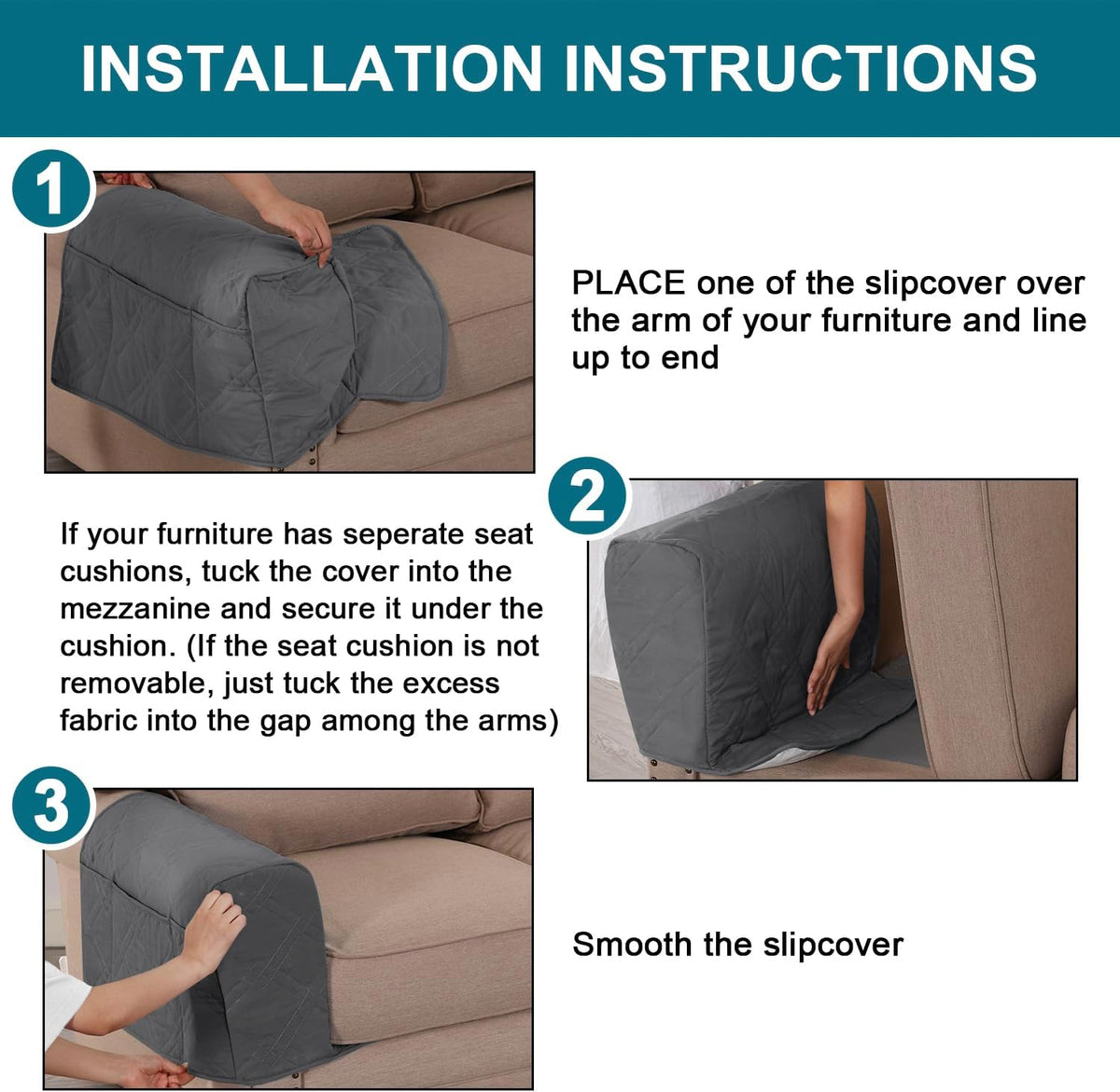2-Pack Waterproof Armrest Covers for Couches & Chairs – Anti-Slip Furniture Protectors with Side Pockets, Washable Sofa Arm Covers, Universal Stretch Fit (Fits Most Armrests)(Gray)