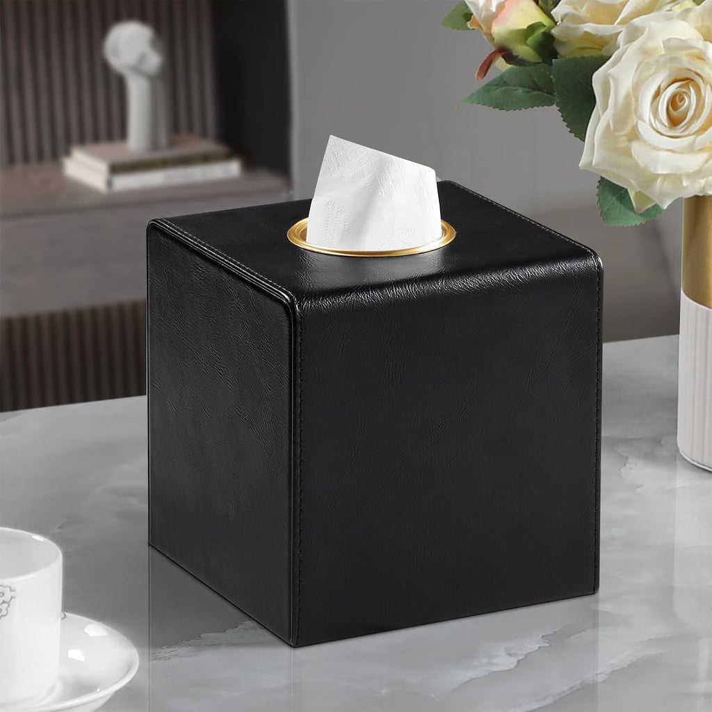 Square Tissue Box Cover with Magnetic Closure, Black