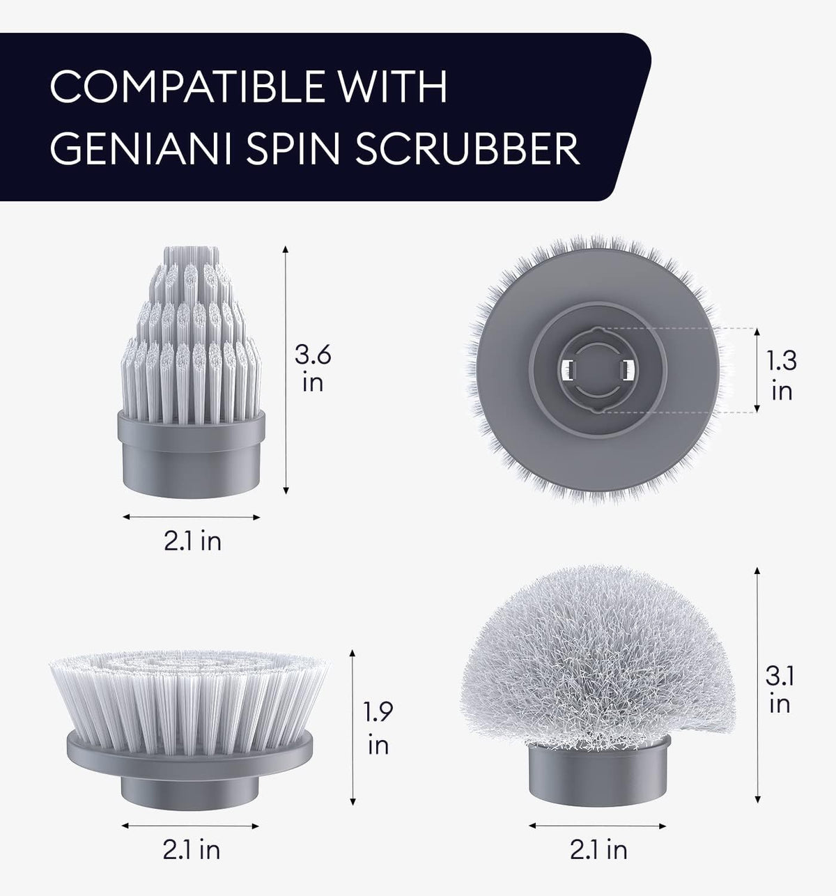 Replacement Brush Heads Set of 3 for GENIANI Electric Spin Scrubber, Scrub Brush for Cleaning Bathroom, Tile, Floor, Tub, and Shower (White)