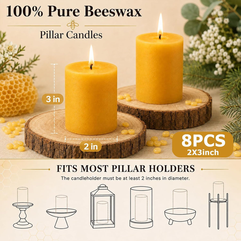 Beeswax Pillar Candles,8 Pack,2 x 3 Inch,32 Hours Yellow Candle