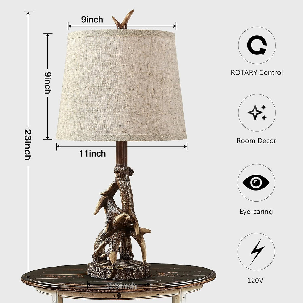 23'' Rustic Farmhouse Table Lamps Set of 2 Deer Antler Lamps for Bedroom Nightstand Lamp Western Cabin Side Lamp for Living Room End Table Study Room Desk,Brown