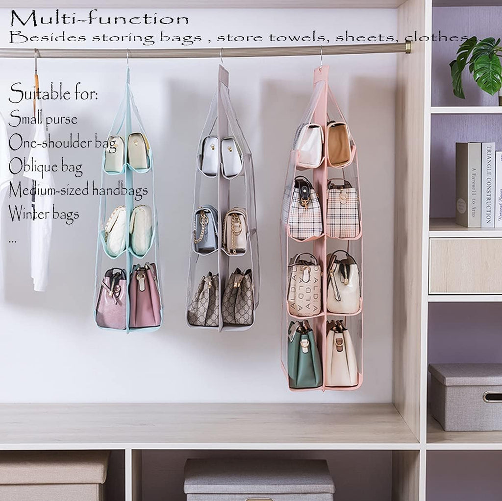 MURRI&MURRDI 1 Pack Hanging Handbag Organizer for Closet, Purse Storage Holder with 8 Easy Access Clear PVC Pockets, Purse Hanger for Wardrobe Space Saving Hanging Bags (Gray)