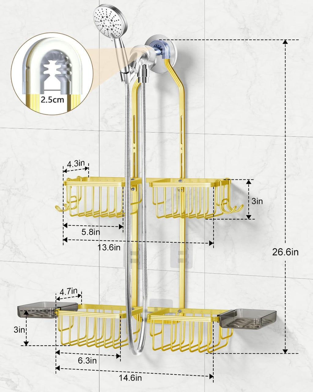 Adjustable Shower Caddy Hanging - Never Rust Shower Organizer Hanging, Aluminum Shower Racks for Inside Shower - Bathroom Organizers and Storage with 2 Soap Holders and 2 Removable Hooks Gold