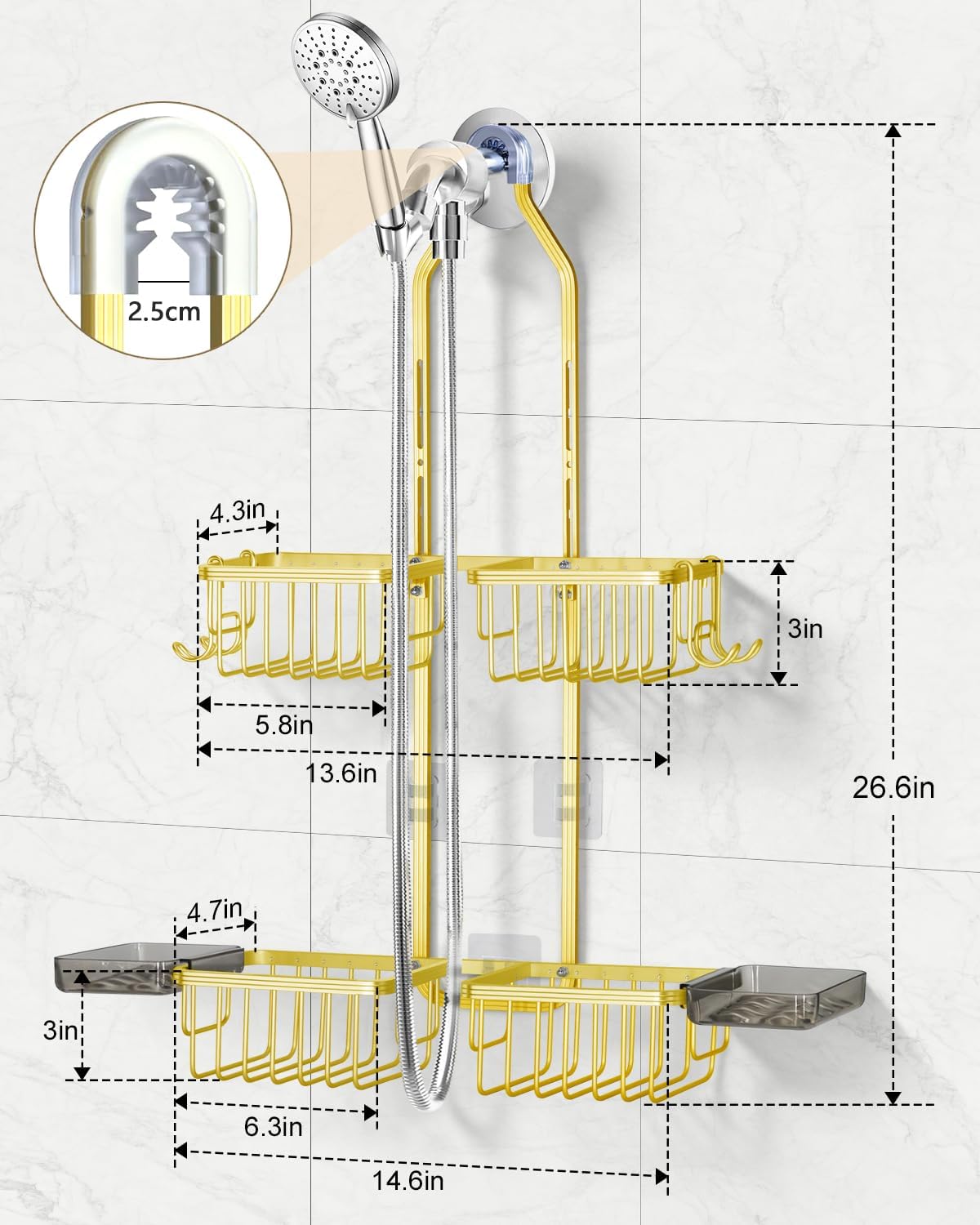 Adjustable Shower Caddy Hanging - Never Rust Shower Organizer Hanging, Aluminum Shower Racks for Inside Shower - Bathroom Organizers and Storage with 2 Soap Holders and 2 Removable Hooks Gold