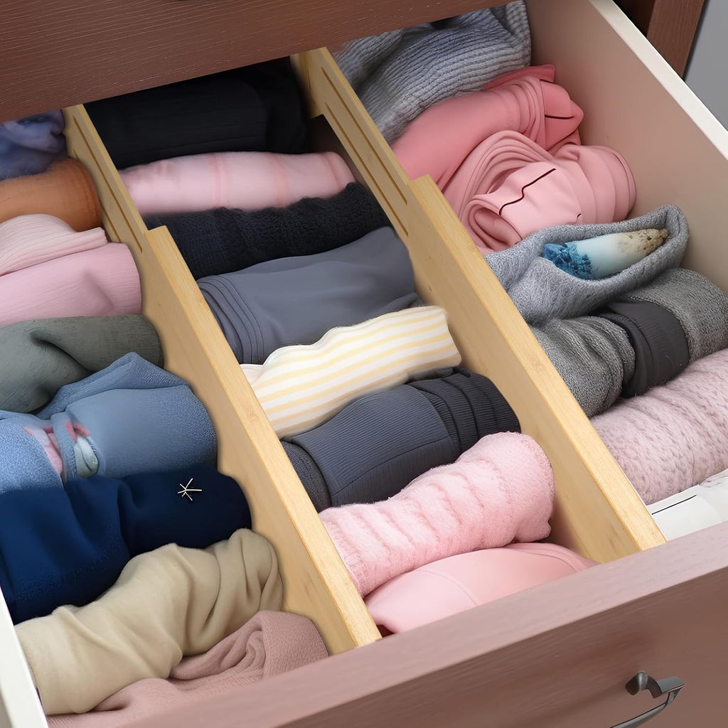 Fabsome Dresser Drawer Organizers 6 Pack, 4.65'' High Adjustable from 17-22‘’ Bamboo Drawer Dividers for Clothing Baby Clothes, Wooden Separators for Dresser Nursery Organization with Soft Foam Ends